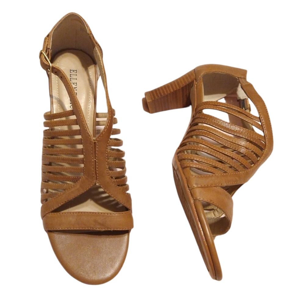 NWOB ELLEN TRACY Tan Leather Caged Heels size 8.5 Open Toe Strappy